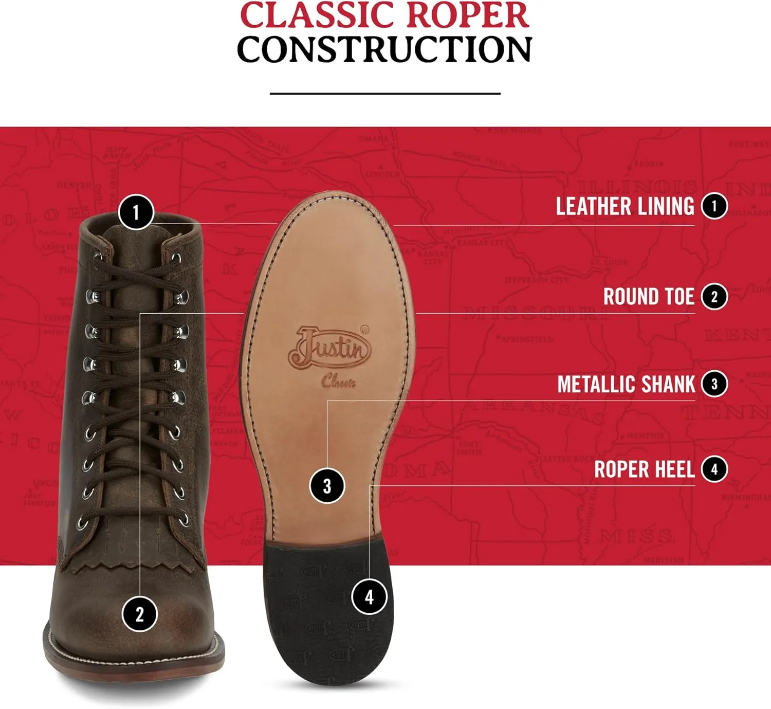 Justin Mckean 7" Lace-Up Roper Women's Western Boot, Durable Leather, Casual Style, Comfortable Footwear