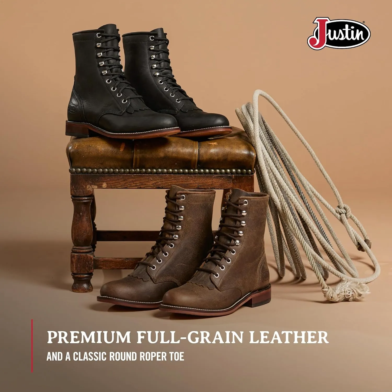 Justin Mckean 7" Lace-Up Roper Women's Western Boot, Durable Leather, Casual Style, Comfortable Footwear