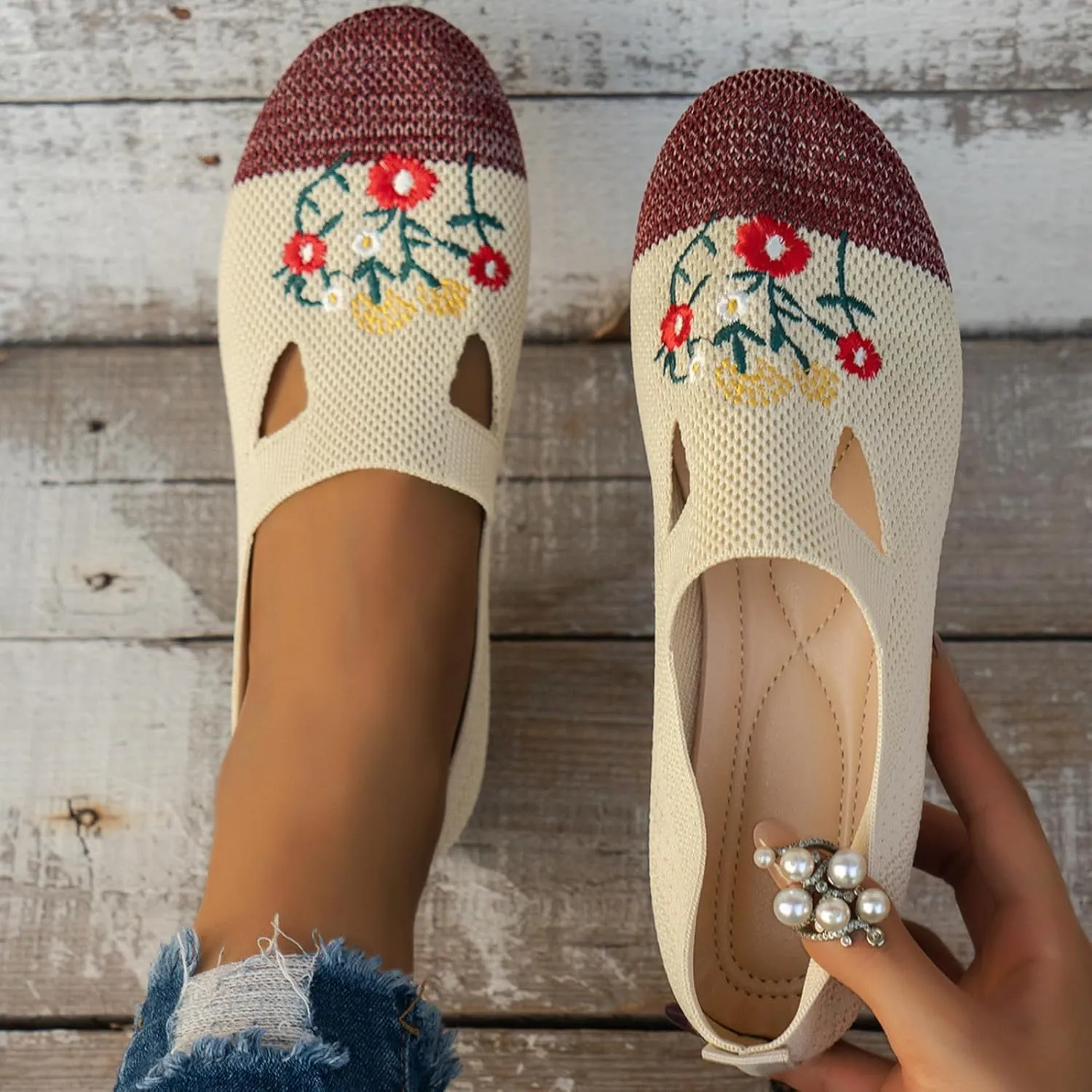 Ladies Fashion Breathable Mesh Knitted Flower Embroidery Flat Bottom Casual Shoes Cycling Casual Shoe
