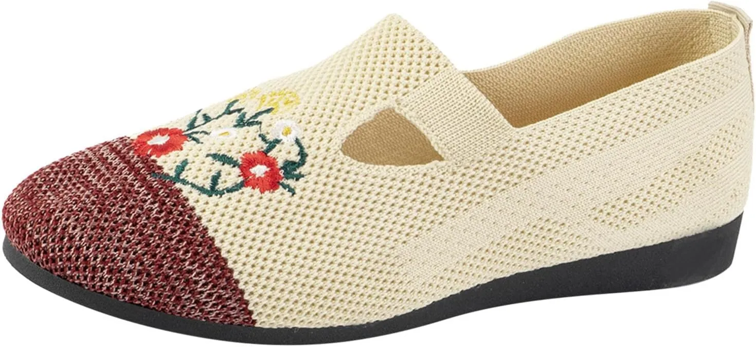 Ladies Fashion Breathable Mesh Knitted Flower Embroidery Flat Bottom Casual Shoes Cycling Casual Shoe