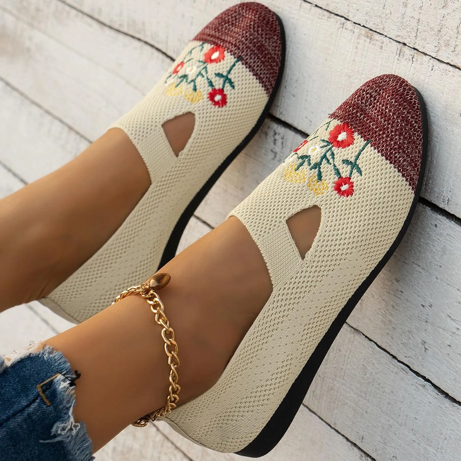 Ladies Fashion Breathable Mesh Knitted Flower Embroidery Flat Bottom Casual Shoes Cycling Casual Shoe