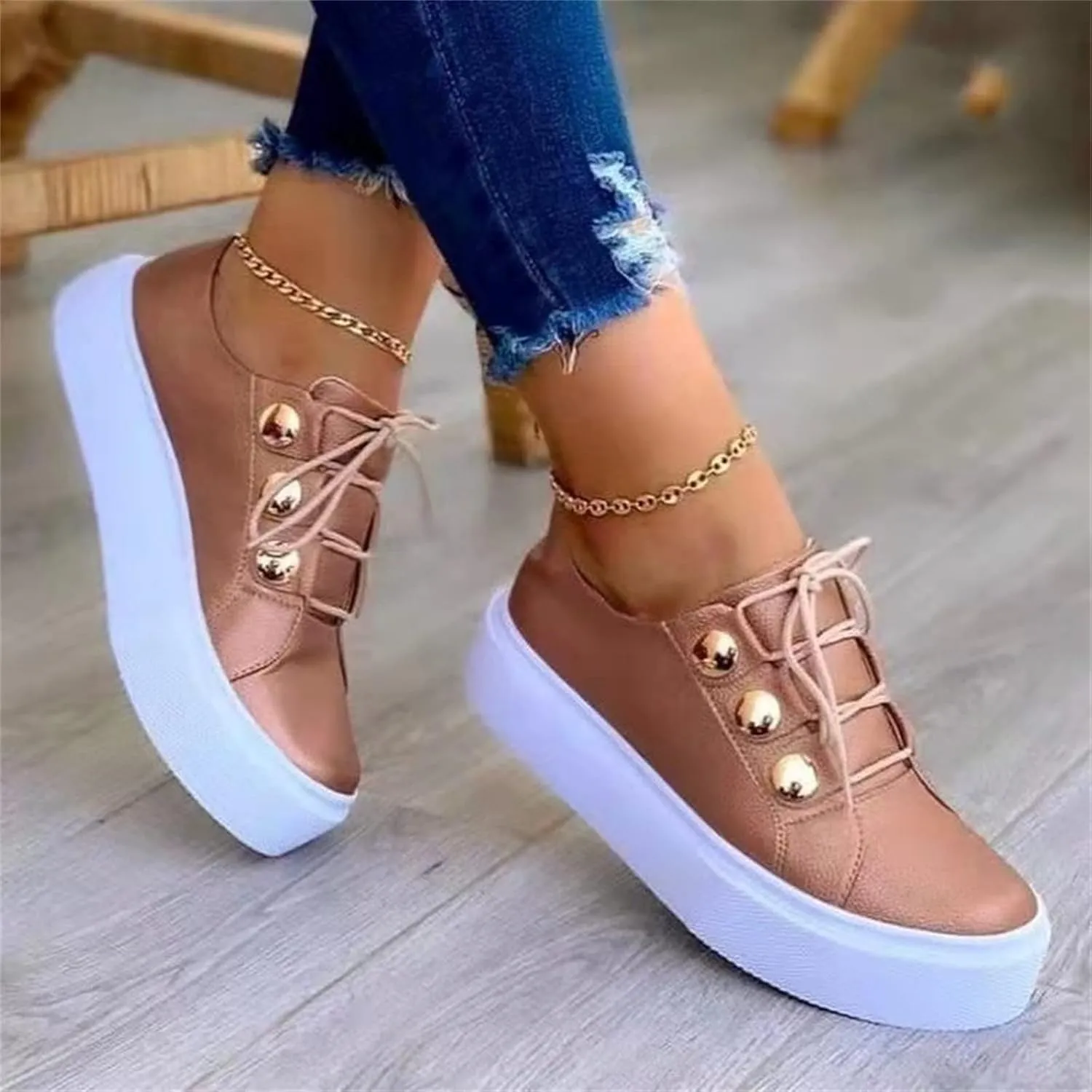 Ladmiple Sneakers For Women Slip On Wide Width Walking Shoes Fashion Lace Up Low Top Comfortable Platform Flats Loafers