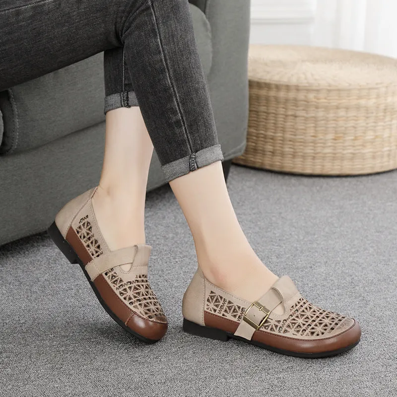 Leather Breathable Hollow-Out Flat Shoes With Buckle Accents