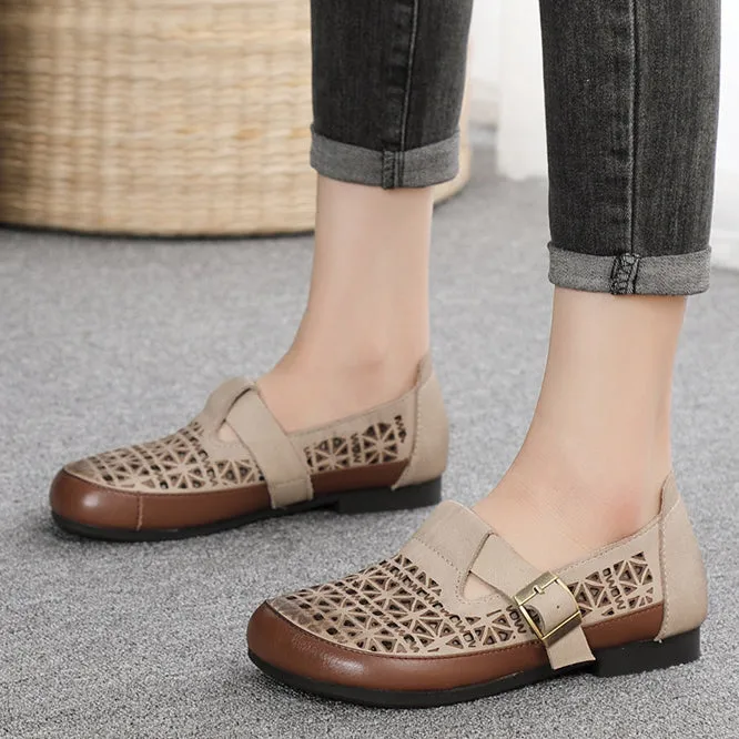 Leather Breathable Hollow-Out Flat Shoes With Buckle Accents