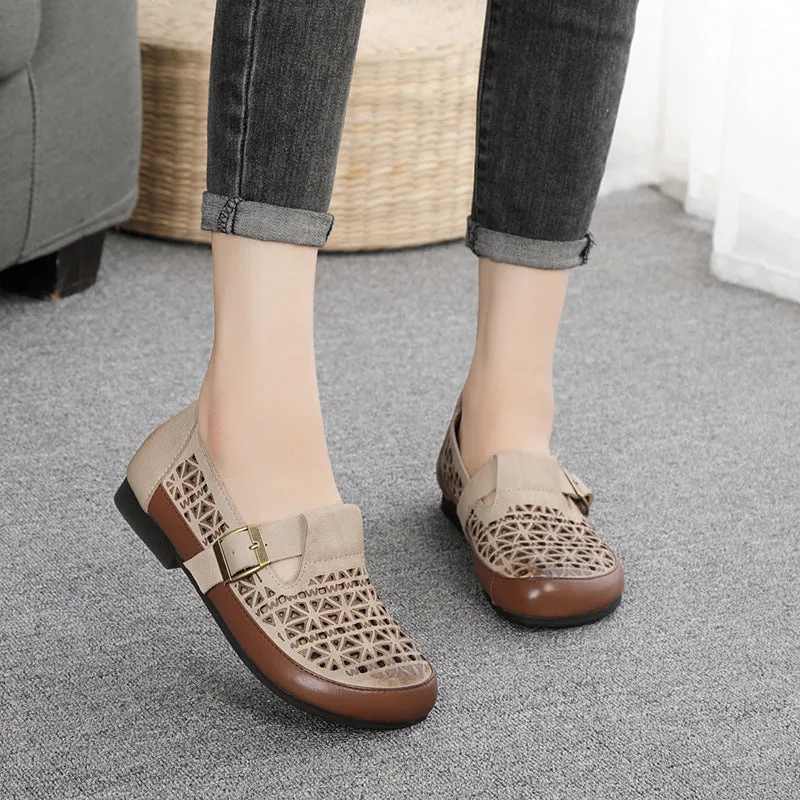 Leather Breathable Hollow-Out Flat Shoes With Buckle Accents