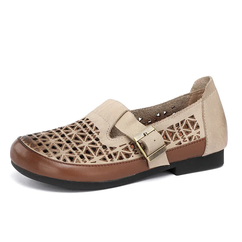 Leather Breathable Hollow-Out Flat Shoes With Buckle Accents