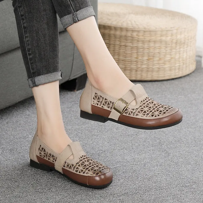 Leather Breathable Hollow-Out Flat Shoes With Buckle Accents