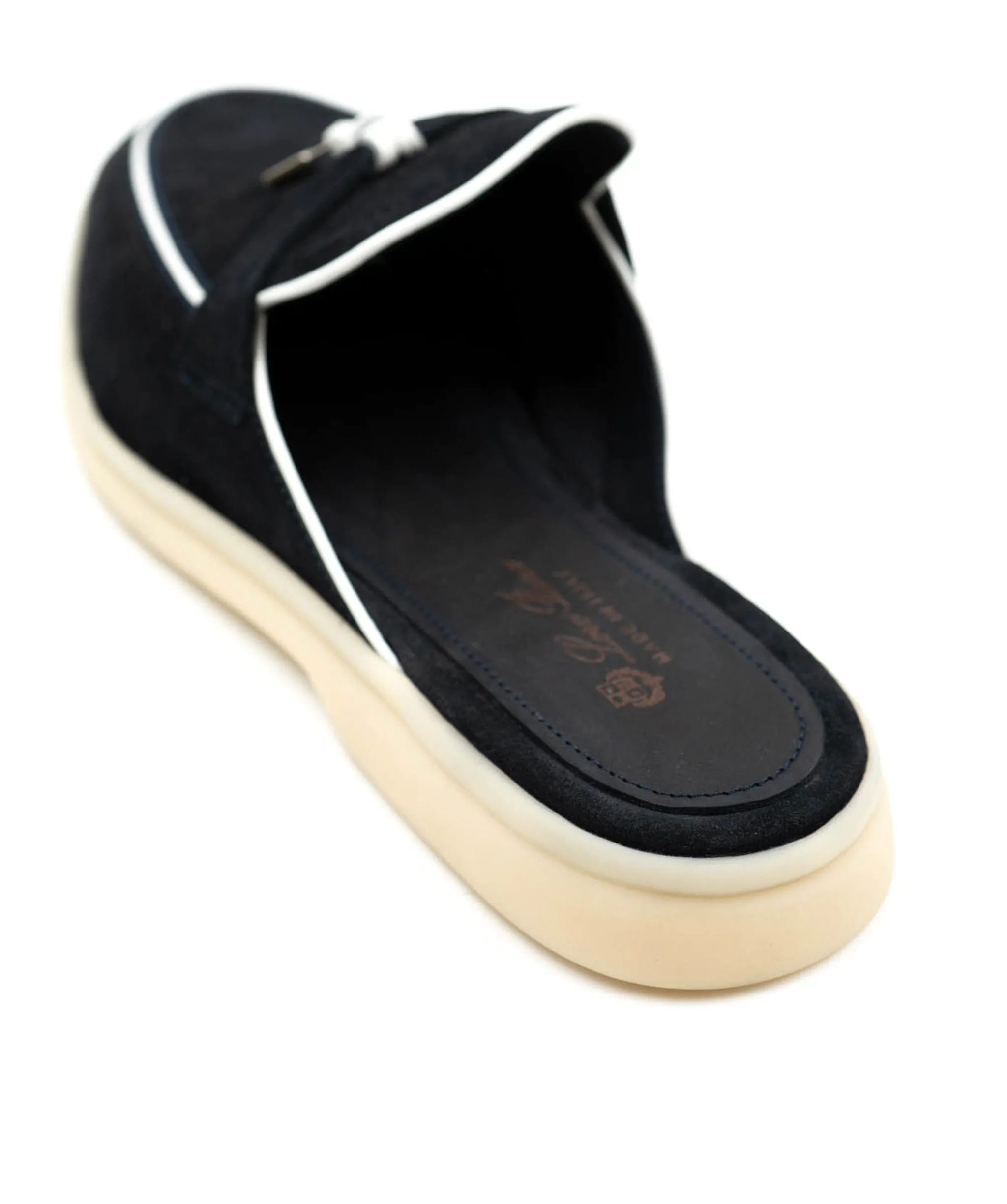 Loro Piana navy open back loafers white piping Charms walk Babourch loafers ASL4806