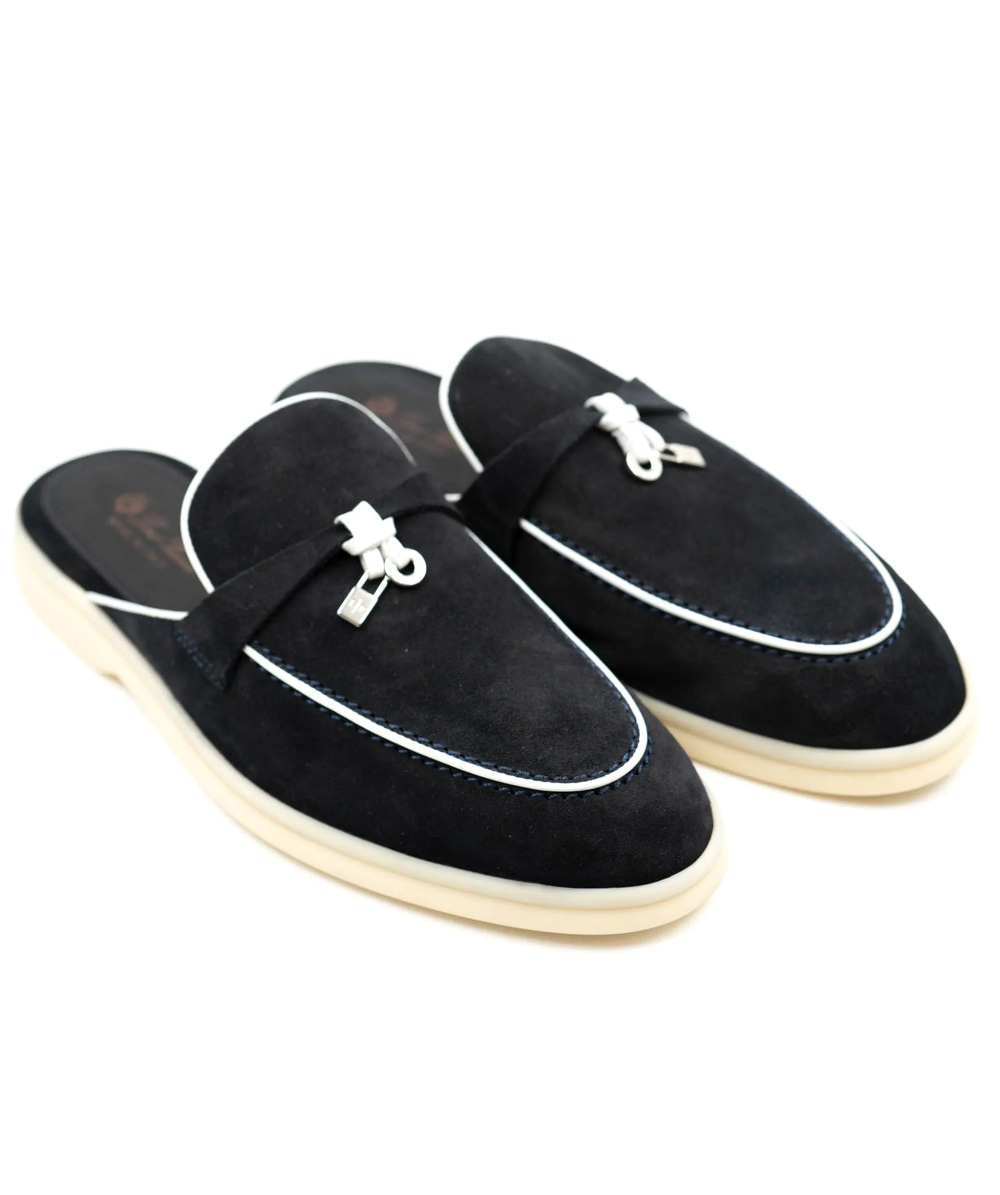 Loro Piana navy open back loafers white piping Charms walk Babourch loafers ASL4806