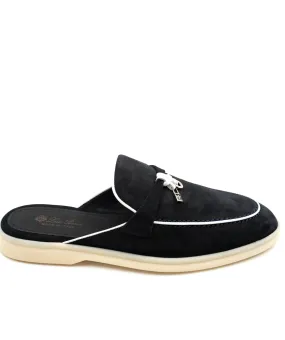 Loro Piana navy open back loafers white piping Charms walk Babourch loafers ASL4806