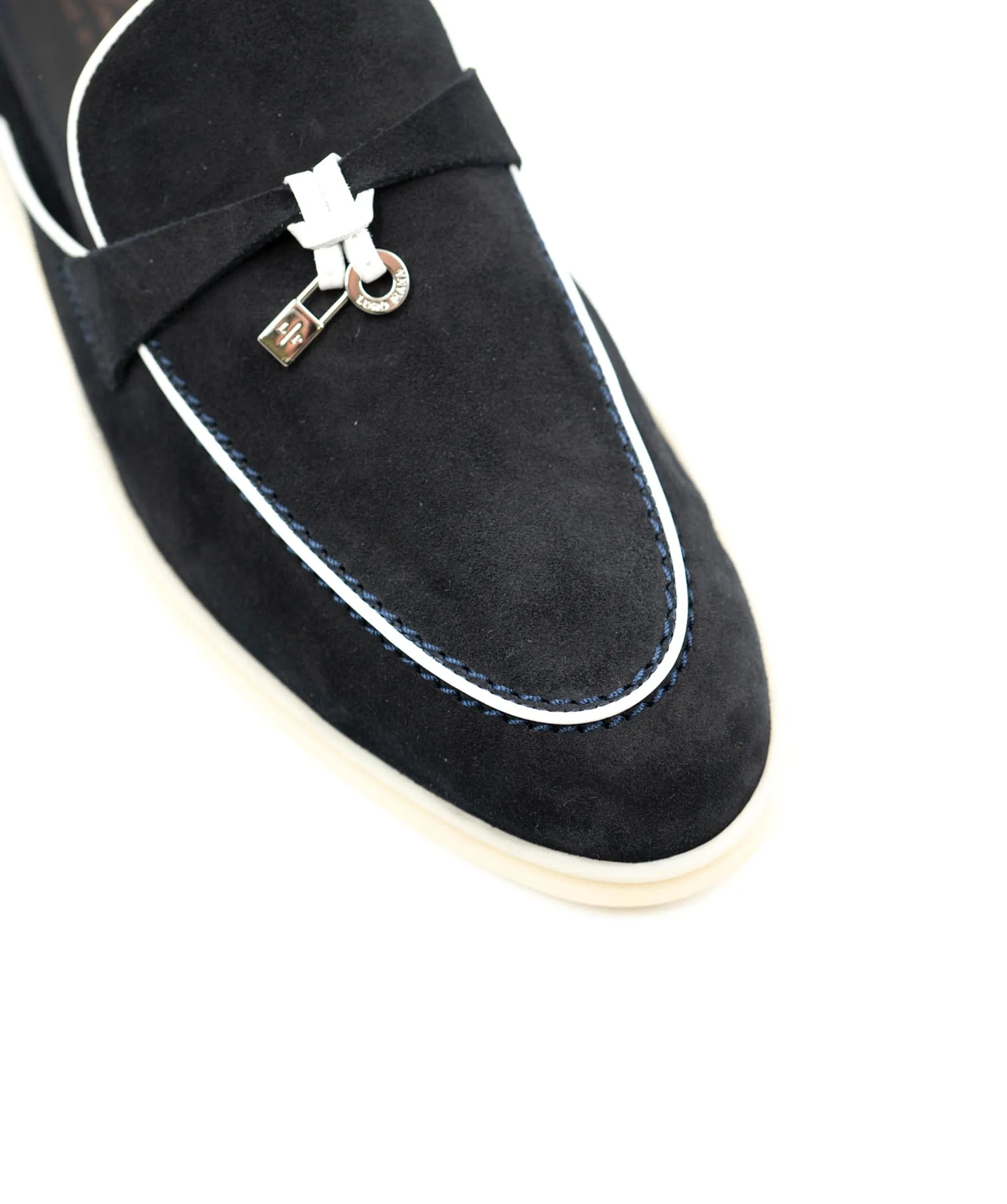 Loro Piana navy open back loafers white piping Charms walk Babourch loafers ASL4806