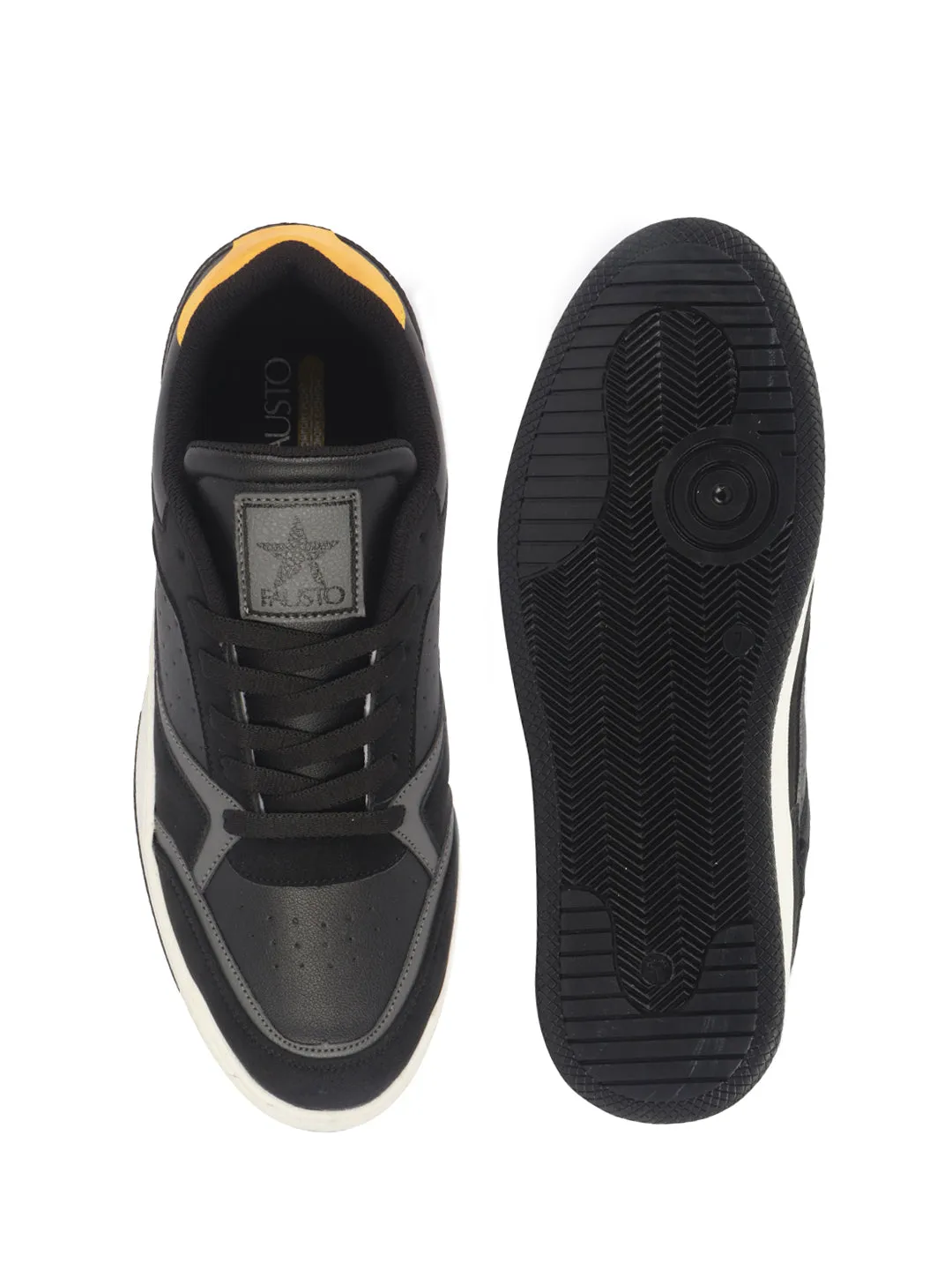 Men Black Colorblocked Low Ankle Contrast Sole Lace Up Sneakers|Classic Combine Style Sneaker Shoes|Lace Up Casual Shoes