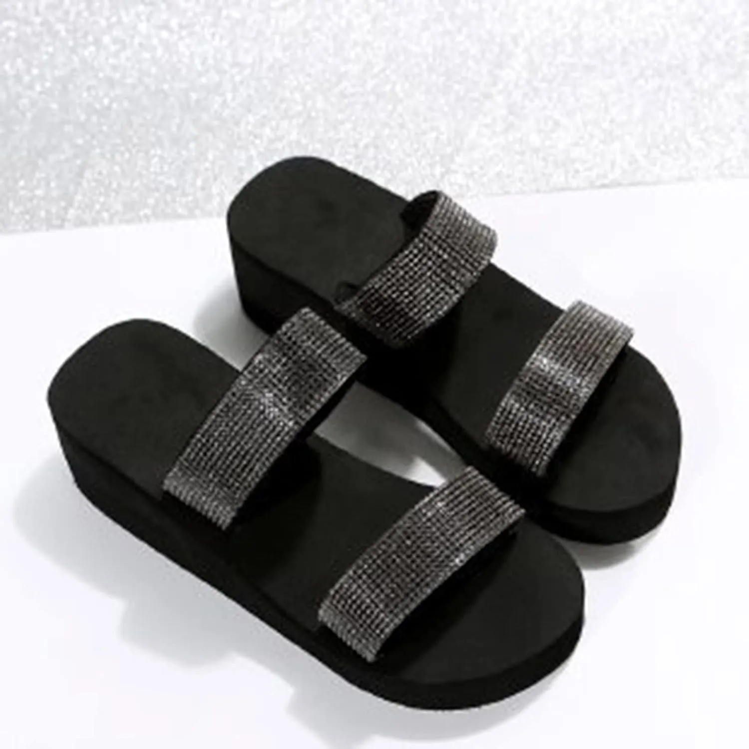 oiangi Sparkly Rhinestone Sandals for Women 2023 Summer Fashion Wedge Double Straps Slip on Platform Slipper Comfy Outdoor Ladies Beach Casual Shoes