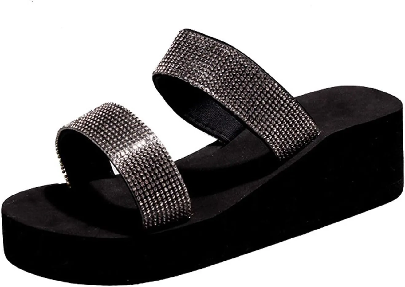 oiangi Sparkly Rhinestone Sandals for Women 2023 Summer Fashion Wedge Double Straps Slip on Platform Slipper Comfy Outdoor Ladies Beach Casual Shoes