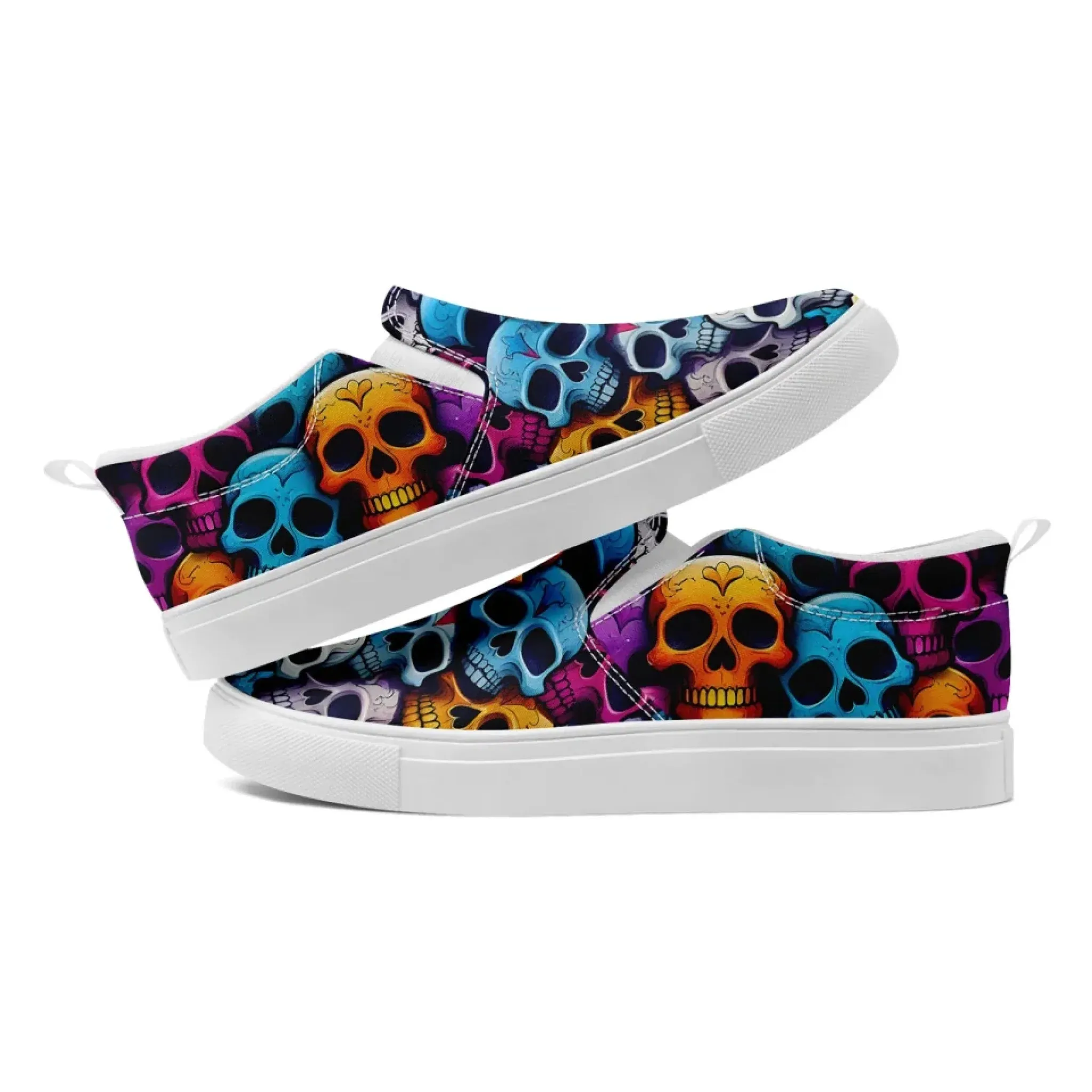 Personalized Skull Design Sneakers, Custom Gothic Fashion Slip On Shoes, Comfortable Canvas Unisex Shoes