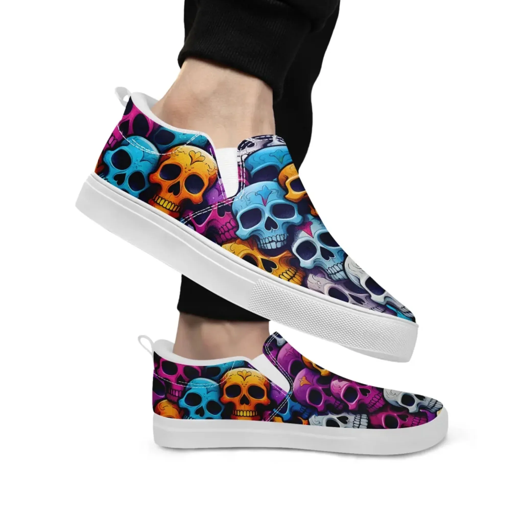 Personalized Skull Design Sneakers, Custom Gothic Fashion Slip On Shoes, Comfortable Canvas Unisex Shoes