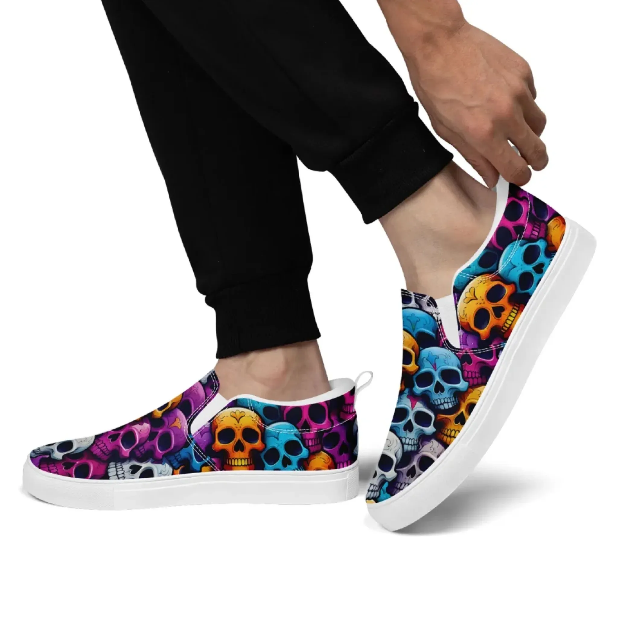 Personalized Skull Design Sneakers, Custom Gothic Fashion Slip On Shoes, Comfortable Canvas Unisex Shoes