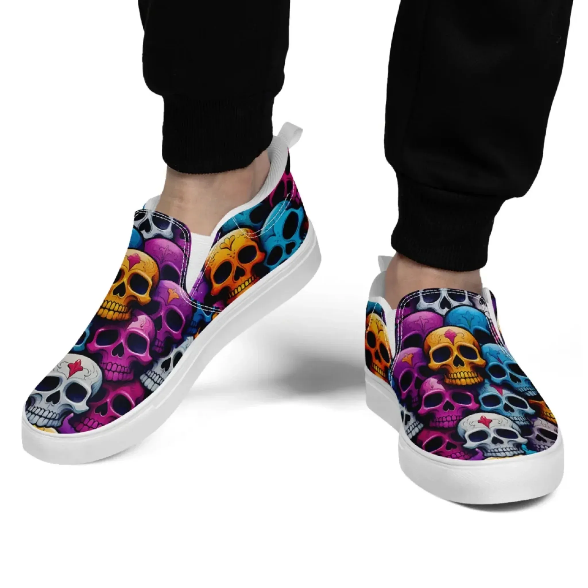 Personalized Skull Design Sneakers, Custom Gothic Fashion Slip On Shoes, Comfortable Canvas Unisex Shoes
