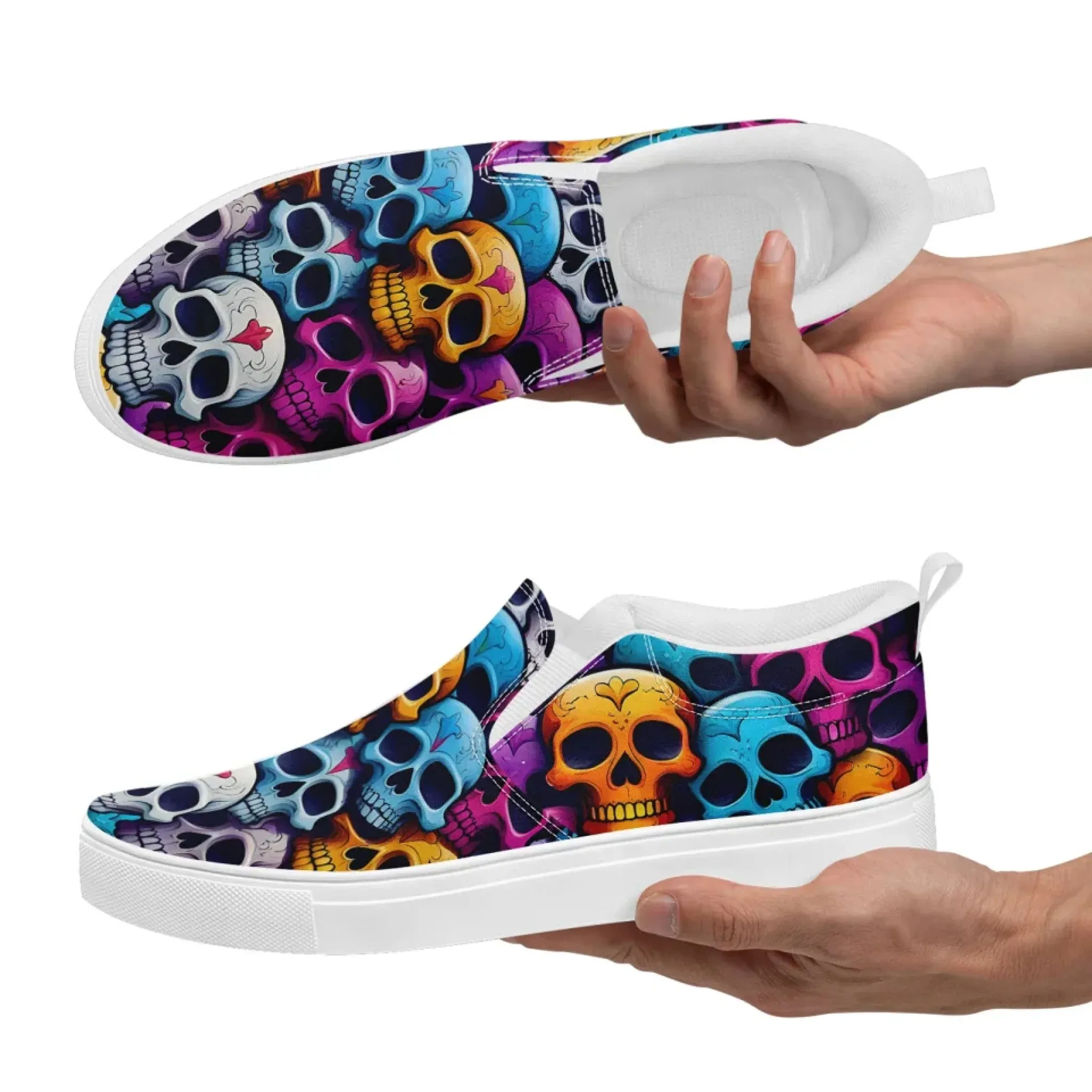 Personalized Skull Design Sneakers, Custom Gothic Fashion Slip On Shoes, Comfortable Canvas Unisex Shoes