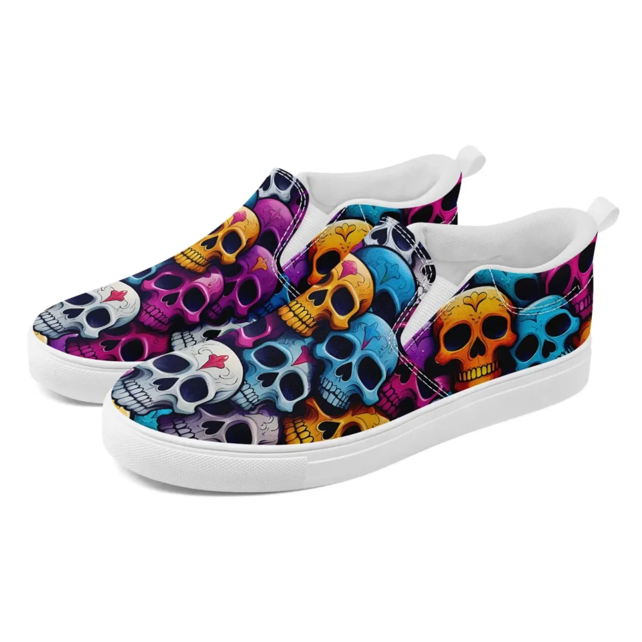 Personalized Skull Design Sneakers, Custom Gothic Fashion Slip On Shoes, Comfortable Canvas Unisex Shoes