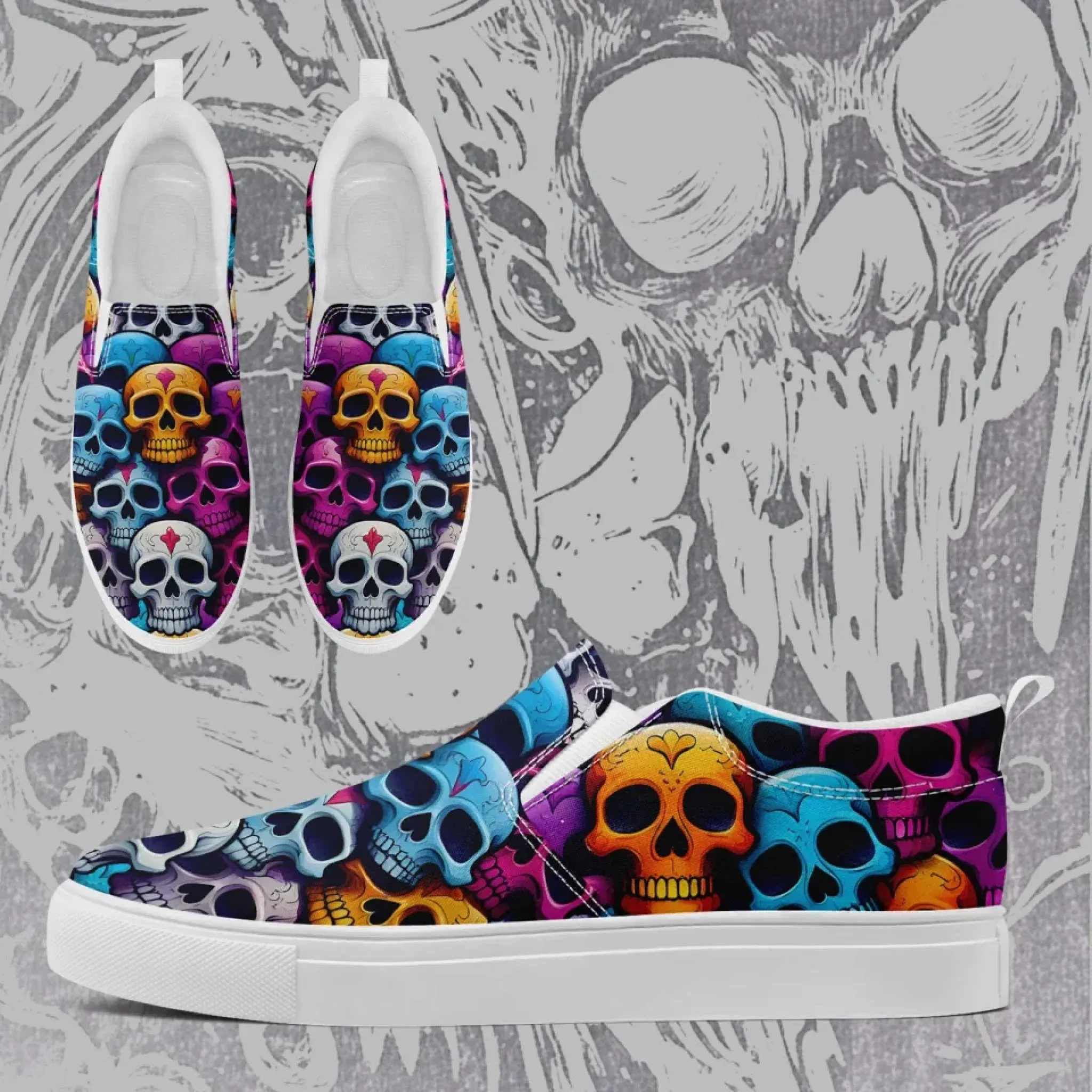 Personalized Skull Design Sneakers, Custom Gothic Fashion Slip On Shoes, Comfortable Canvas Unisex Shoes