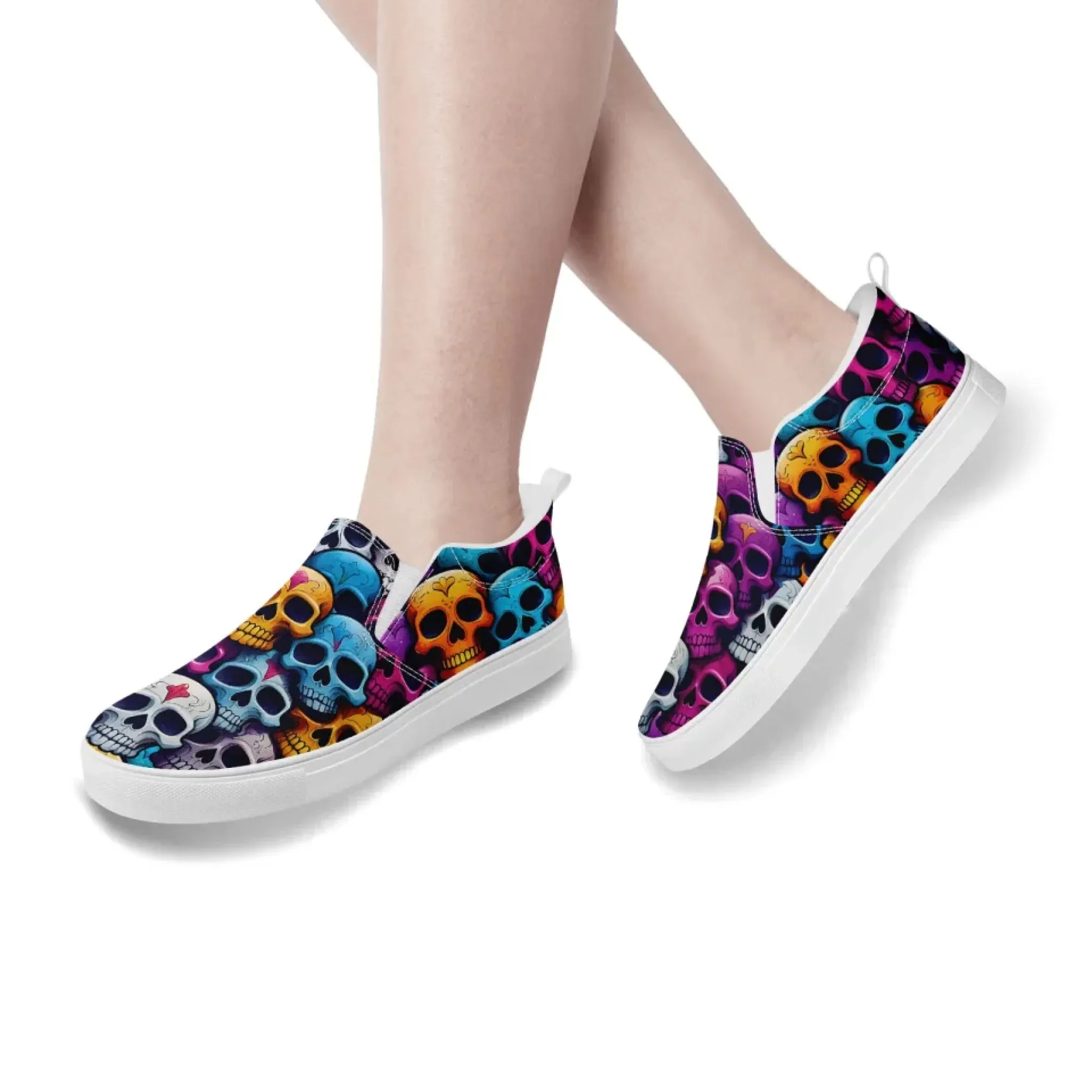 Personalized Skull Design Sneakers, Custom Gothic Fashion Slip On Shoes, Comfortable Canvas Unisex Shoes