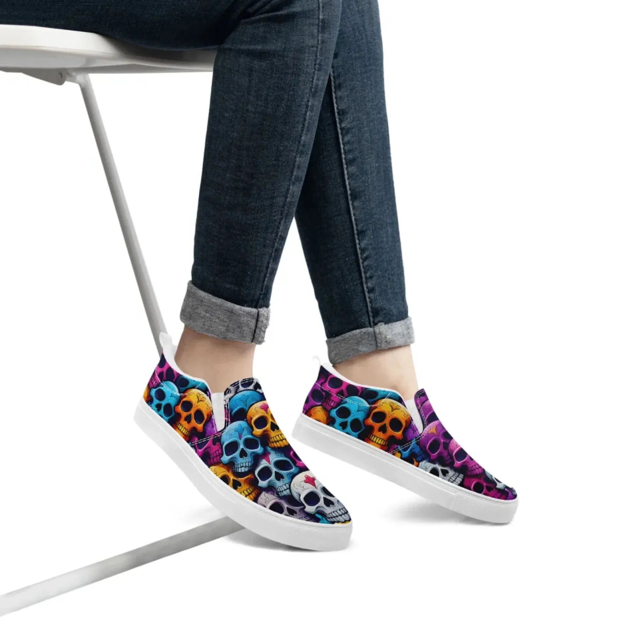Personalized Skull Design Sneakers, Custom Gothic Fashion Slip On Shoes, Comfortable Canvas Unisex Shoes