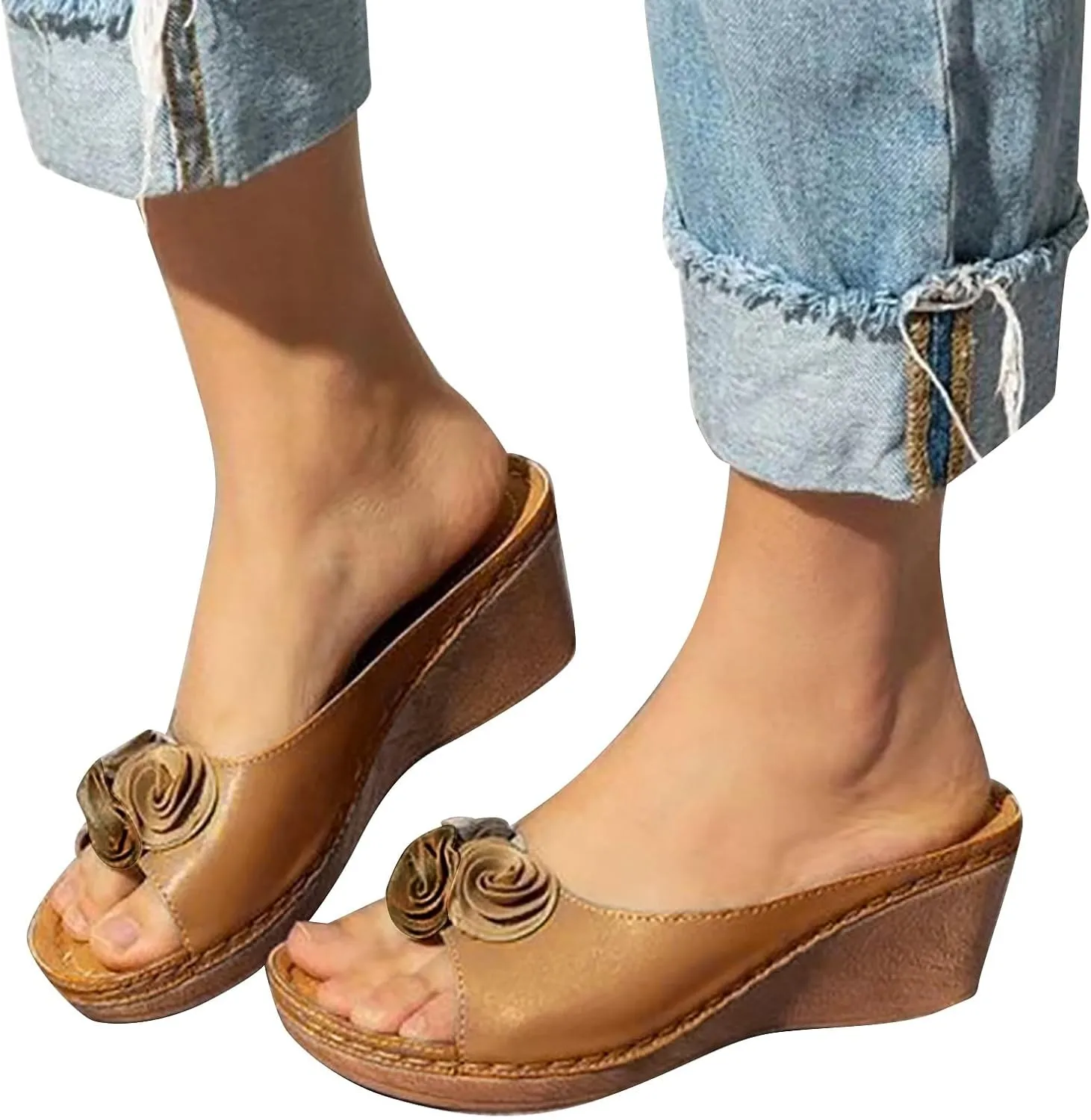 Platform Sandals for Women Open Toe Mid Heel Flower Wedges Espadrilles Shoes Trendy Dressy Casual Beach Slippers
