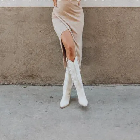 Retro embroidery stacked heel cowboy boots under knee white western boots