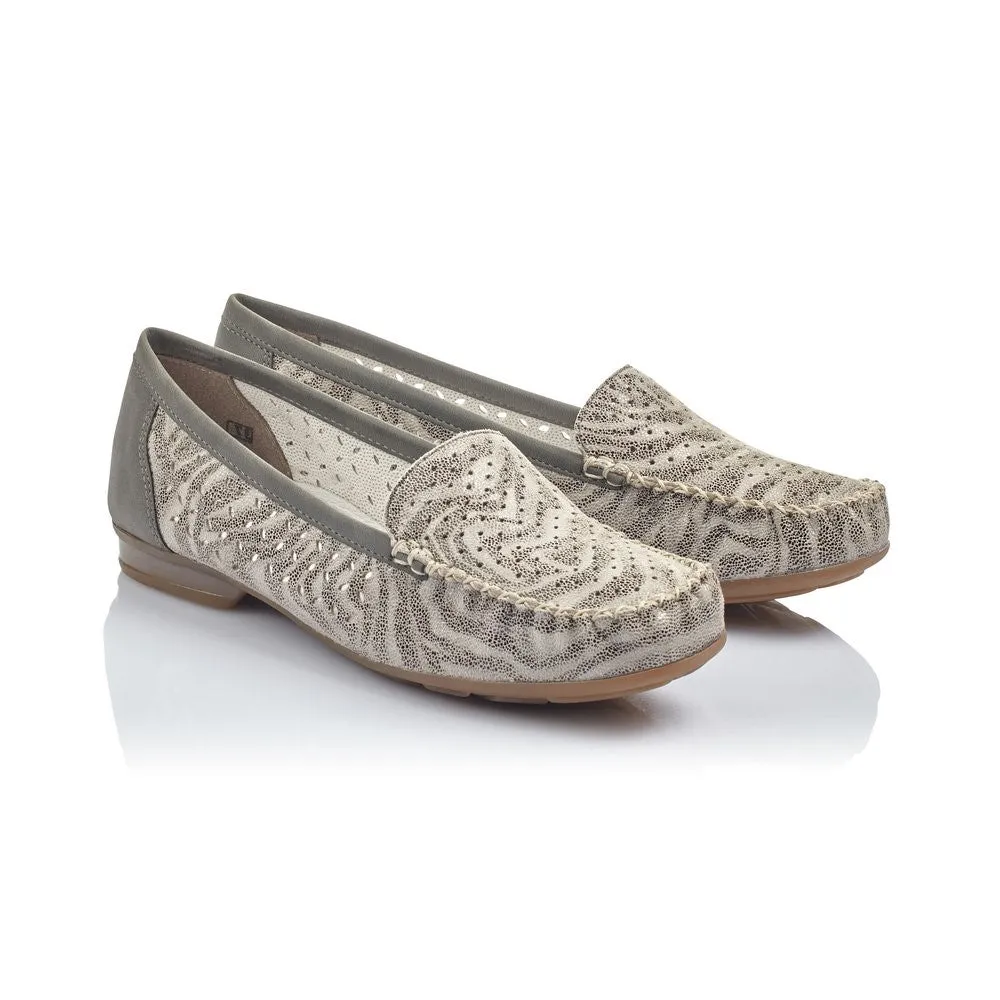 Rieker Ladies Grey Print Slip On Moccasin Loafer