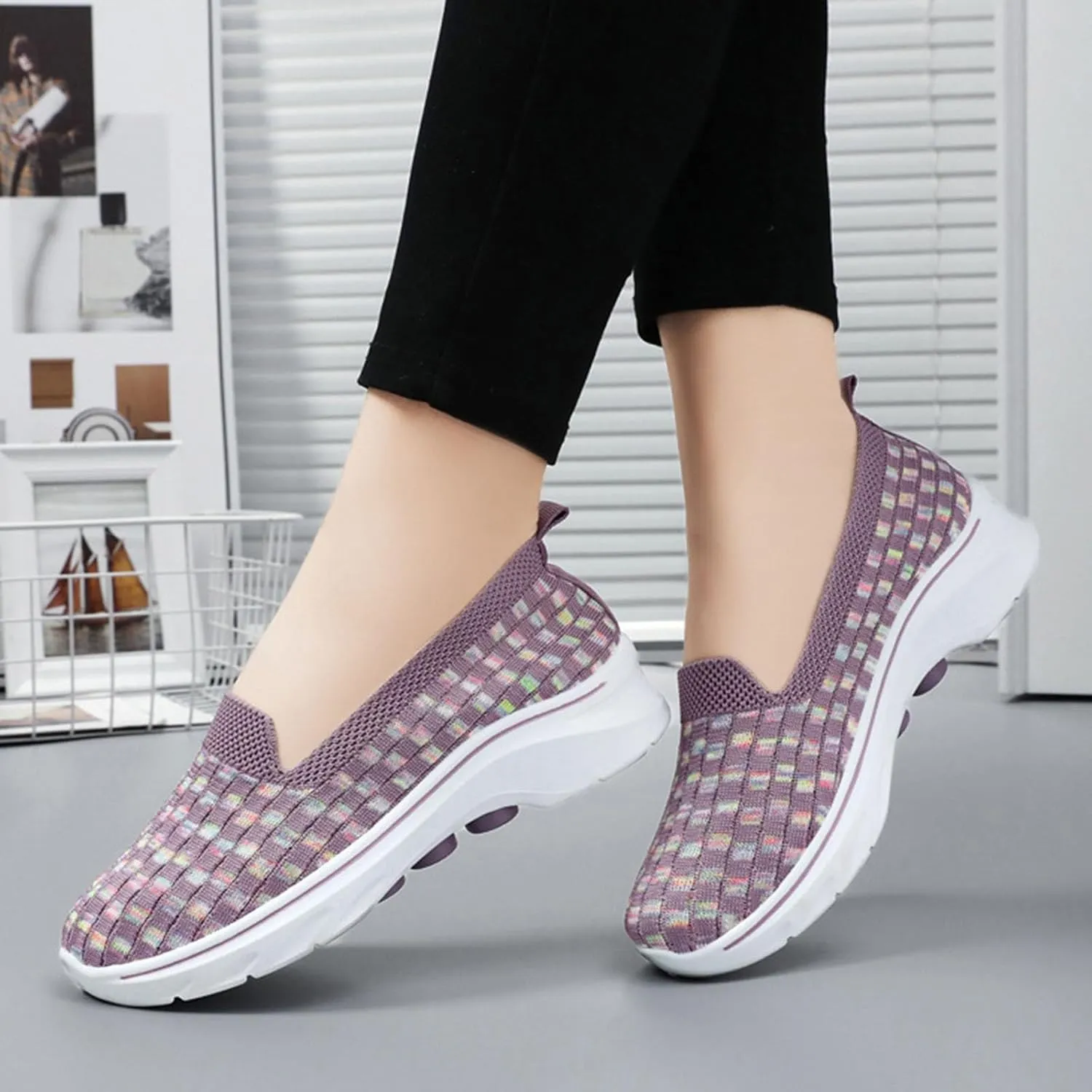 Summer Shoes for Women 2024 Flat Slip On Go Knit Tennis Flats Breathable Soft Ballet Shoes Comfortable Driving Walking Shoes