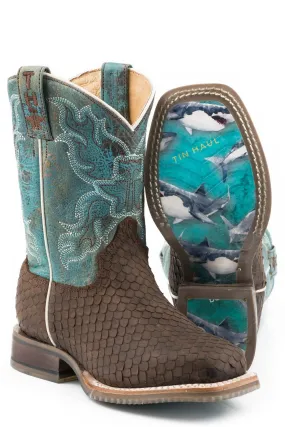 Tin Haul Boys Kids Brown/Blue Leather Cross Cut Shark Cowboy Boots