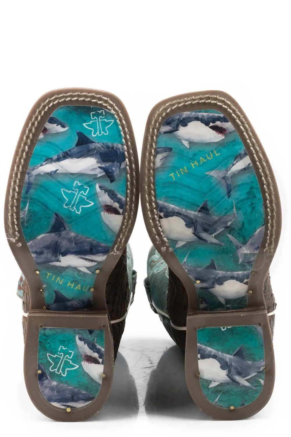 Tin Haul Boys Kids Brown/Blue Leather Cross Cut Shark Cowboy Boots