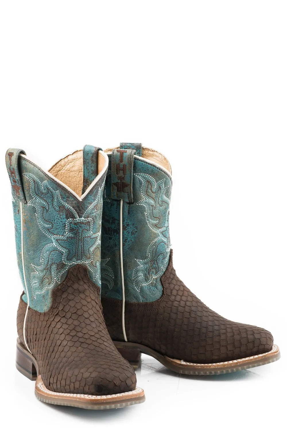 Tin Haul Boys Kids Brown/Blue Leather Cross Cut Shark Cowboy Boots