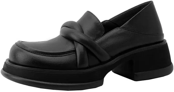 TinaCus Round Toe Genuine Leather Handmade Knot Low Chunky Heel Slip On Women's Chic Loafers Shoes