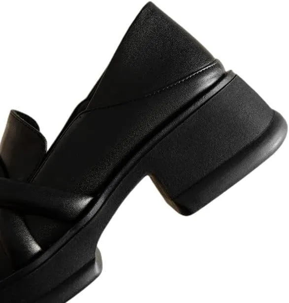 TinaCus Round Toe Genuine Leather Handmade Knot Low Chunky Heel Slip On Women's Chic Loafers Shoes