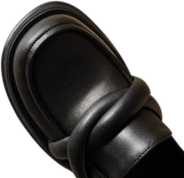 TinaCus Round Toe Genuine Leather Handmade Knot Low Chunky Heel Slip On Women's Chic Loafers Shoes