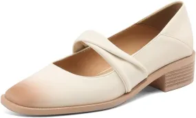 TinaCus Women's Square Toe Genuine Leather Handmade Low Chunky Heels Chic Loafers Shoes