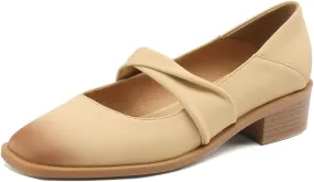 TinaCus Women's Square Toe Genuine Leather Handmade Low Chunky Heels Chic Loafers Shoes
