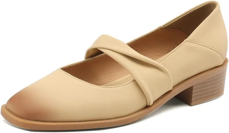 TinaCus Women's Square Toe Genuine Leather Handmade Low Chunky Heels Chic Loafers Shoes