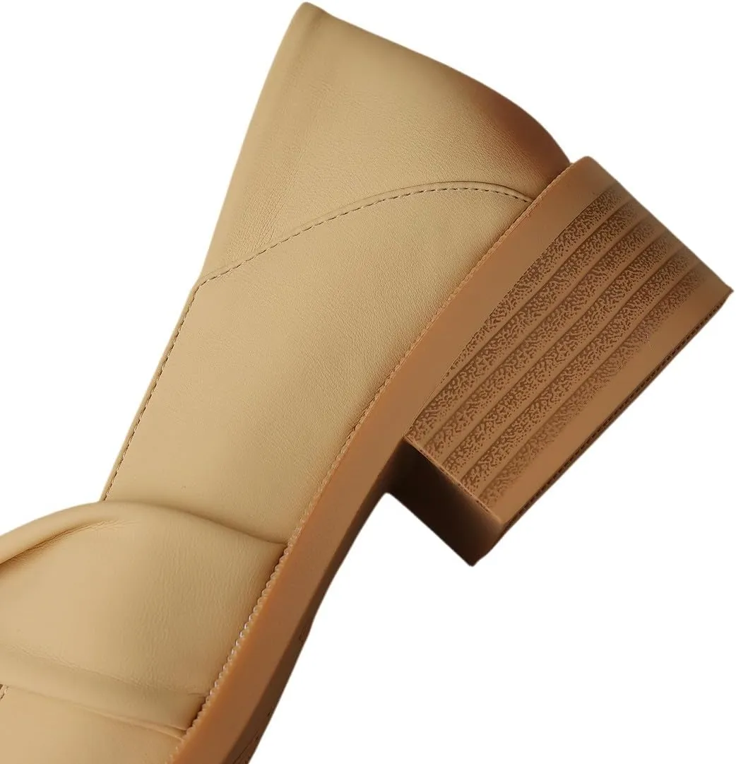 TinaCus Women's Square Toe Genuine Leather Handmade Low Chunky Heels Chic Loafers Shoes