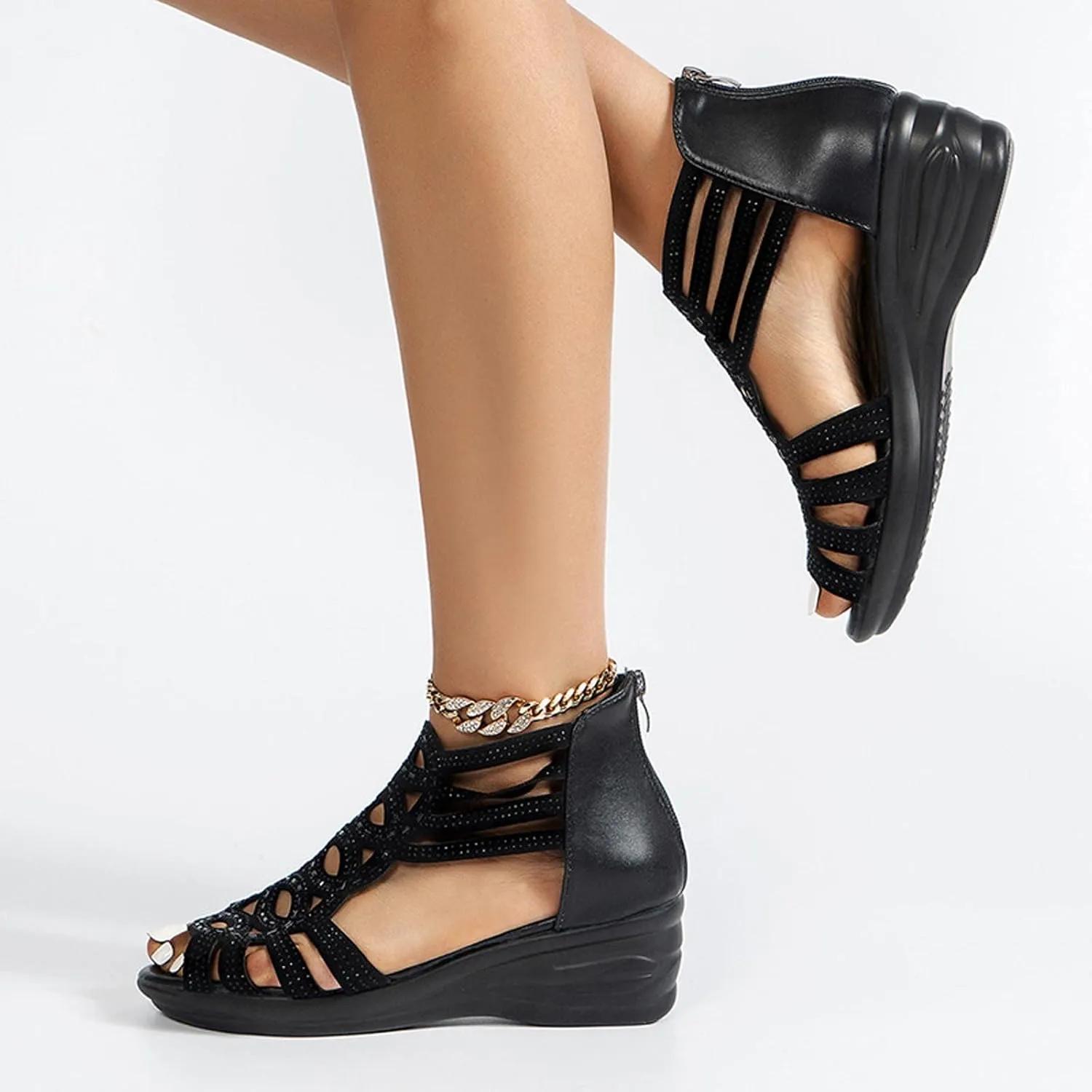 Trendy Womens Rhinestones Platform Roman Sandals, Summer Beach Hollow Out Ankle Strap Sandal Dress Walking Flats Mother's Day Gift