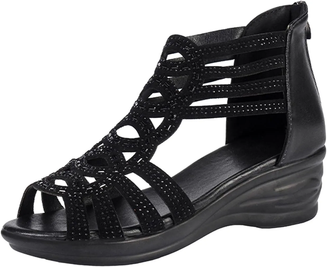 Trendy Womens Rhinestones Platform Roman Sandals, Summer Beach Hollow Out Ankle Strap Sandal Dress Walking Flats Mother's Day Gift