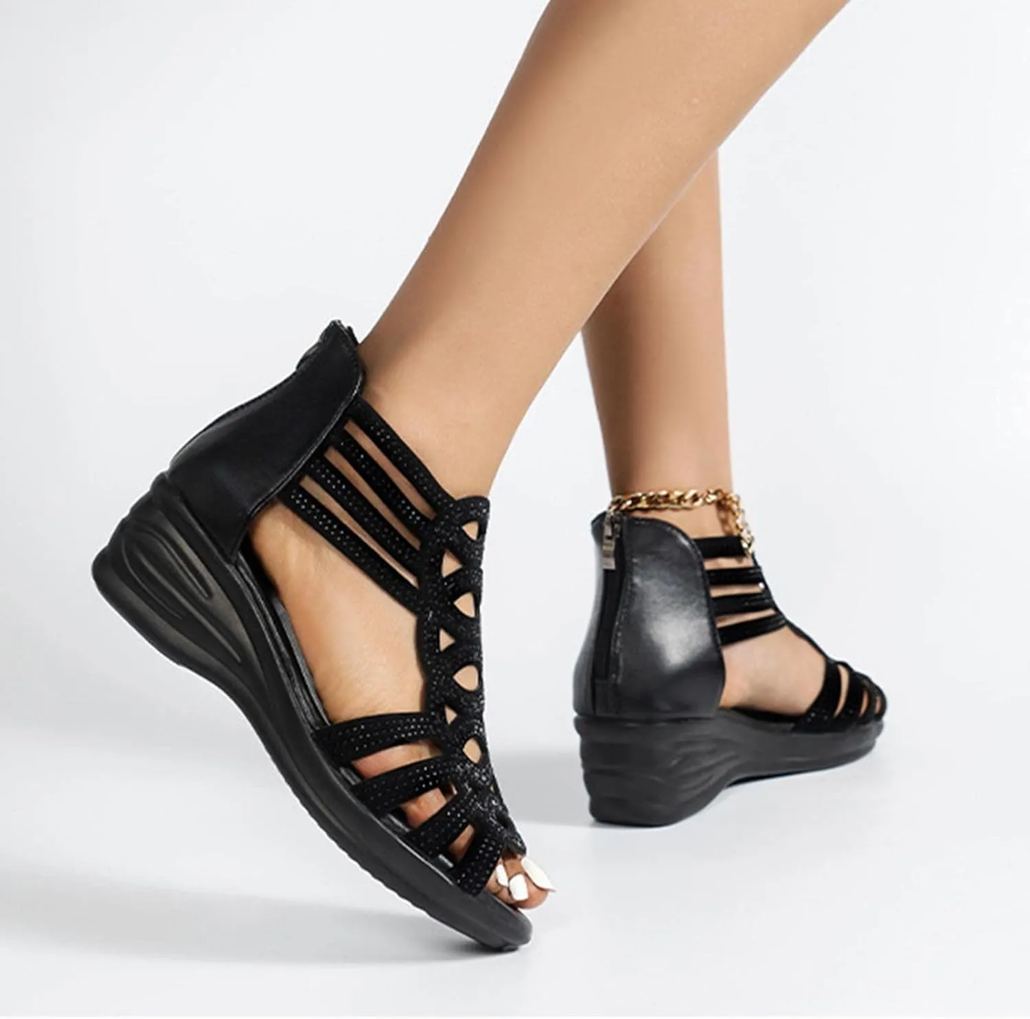 Trendy Womens Rhinestones Platform Roman Sandals, Summer Beach Hollow Out Ankle Strap Sandal Dress Walking Flats Mother's Day Gift