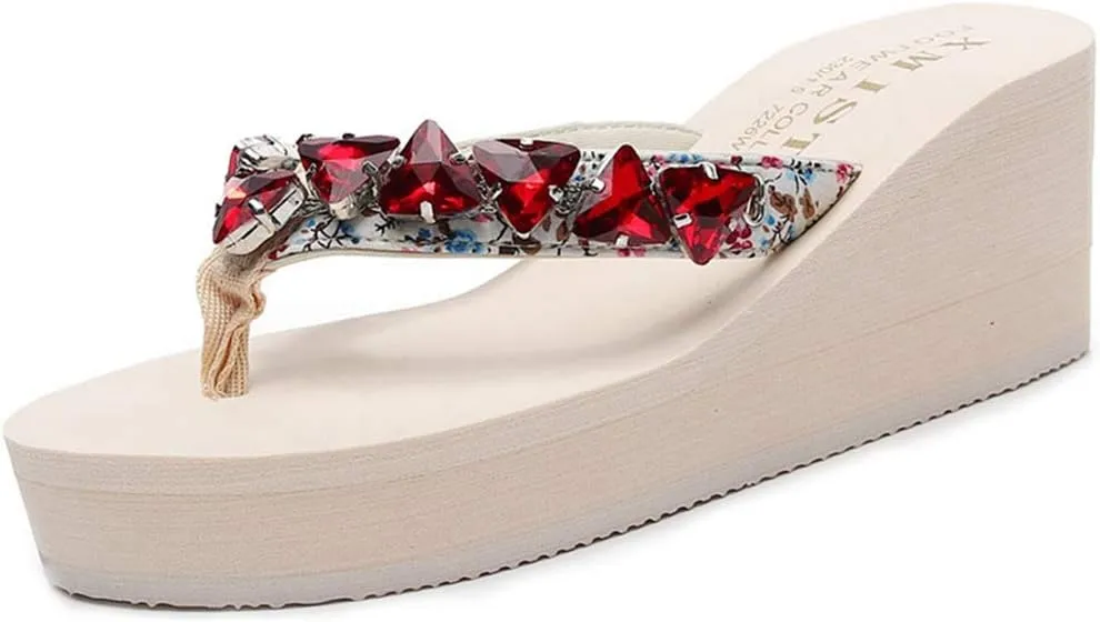 VOKLIN Women's Wedge High Heel Flipflops Sparkly Rhinestone Summer Platform Anti-Slip Beach Thong Sandals