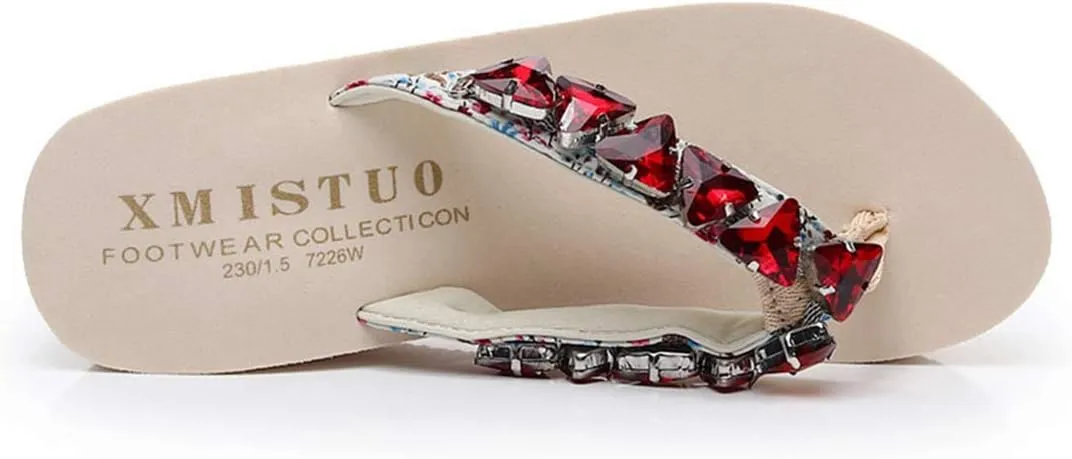 VOKLIN Women's Wedge High Heel Flipflops Sparkly Rhinestone Summer Platform Anti-Slip Beach Thong Sandals