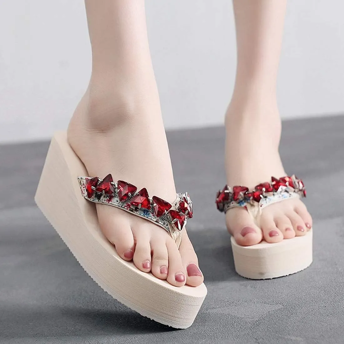 VOKLIN Women's Wedge High Heel Flipflops Sparkly Rhinestone Summer Platform Anti-Slip Beach Thong Sandals