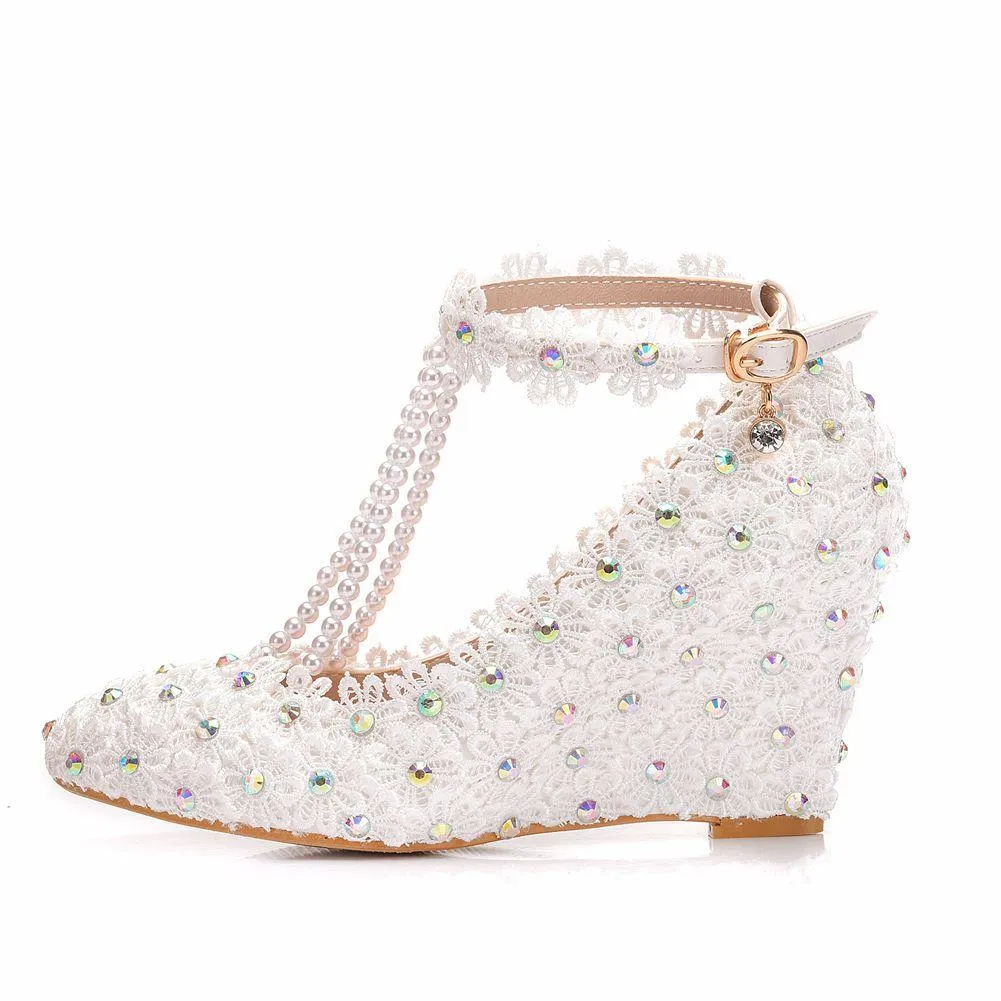 White lace pearls closed toe 3" wedge wedding sandals