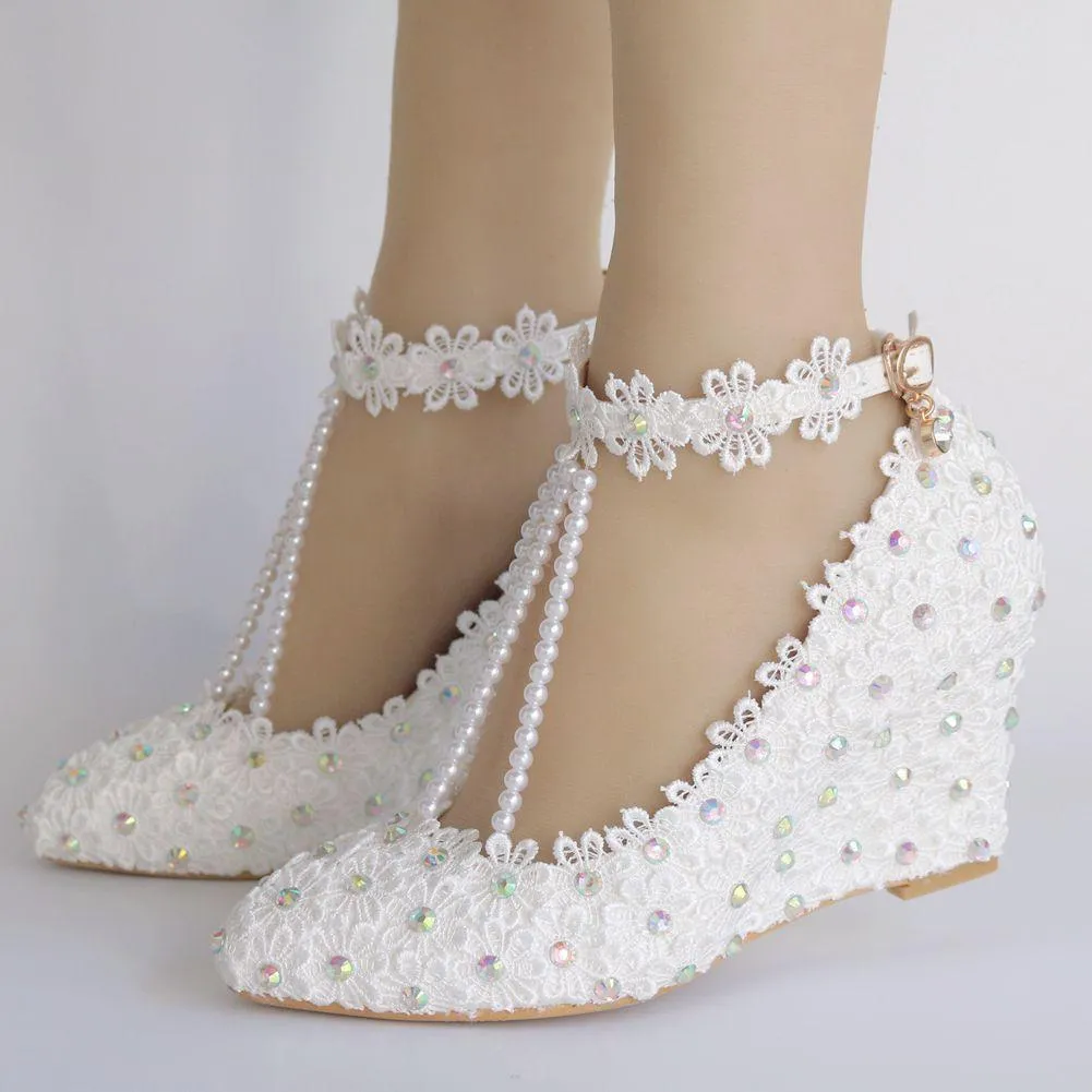 White lace pearls closed toe 3" wedge wedding sandals