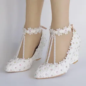 White lace pearls closed toe 3" wedge wedding sandals
